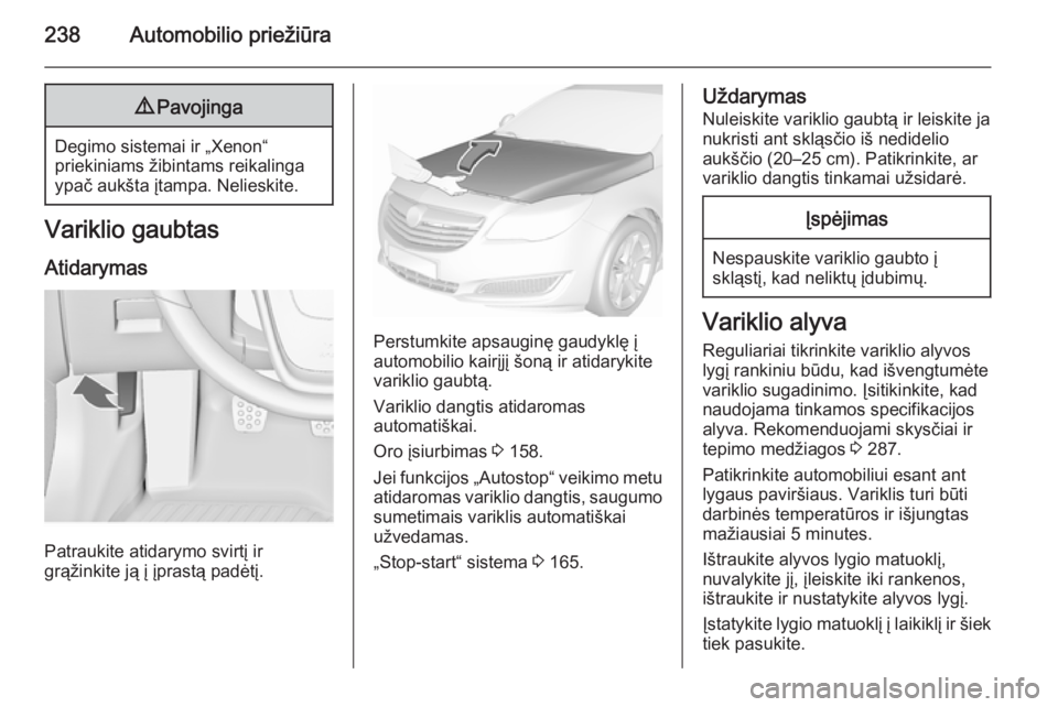 OPEL INSIGNIA 2015.5 Savininko vadovas (in Lithuanian) 238Automobilio priežiūra9Pavojinga
Degimo sistemai ir „Xenon“
priekiniams žibintams reikalinga
ypač aukšta įtampa. Nelieskite.
Variklio gaubtas
Atidarymas
Patraukite atidarymo svirtį ir
gr OPEL INSIGNIA 2015.5 Savininko vadovas (in Lithuanian) 238Automobilio priežiūra9Pavojinga
Degimo sistemai ir „Xenon“
priekiniams žibintams reikalinga
ypač aukšta įtampa. Nelieskite.
Variklio gaubtas
Atidarymas
Patraukite atidarymo svirtį ir
gr