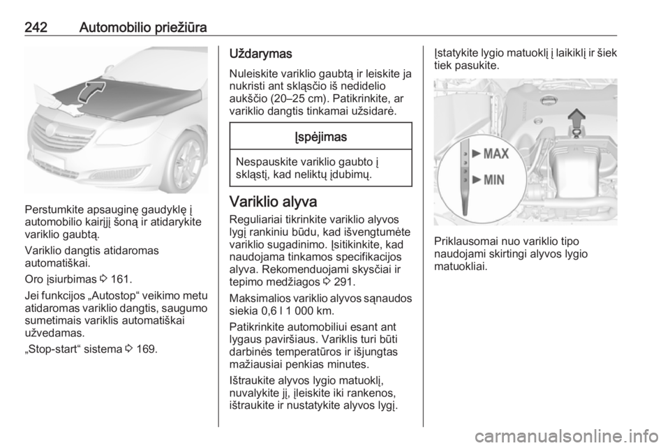 OPEL INSIGNIA 2016 Savininko vadovas (in Lithuanian) 242Automobilio priežiūra
Perstumkite apsauginę gaudyklę į
automobilio kairįjį šoną ir atidarykite
variklio gaubtą.
Variklio dangtis atidaromas
automatiškai.
Oro įsiurbimas 3 161.
Jei funk OPEL INSIGNIA 2016 Savininko vadovas (in Lithuanian) 242Automobilio priežiūra
Perstumkite apsauginę gaudyklę į
automobilio kairįjį šoną ir atidarykite
variklio gaubtą.
Variklio dangtis atidaromas
automatiškai.
Oro įsiurbimas 3 161.
Jei funk