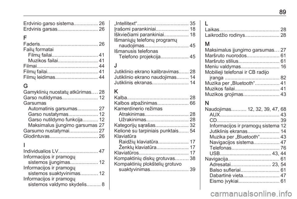 OPEL INSIGNIA 2016.5  Informacijos ir pramogų sistemos vadovas (in Lithuanian) 89Erdvinio garso sistema.................26
Erdvinis garsas ............................. 26
F
Faderis.......................................... 26
Failų formatai Filmų failai ......................