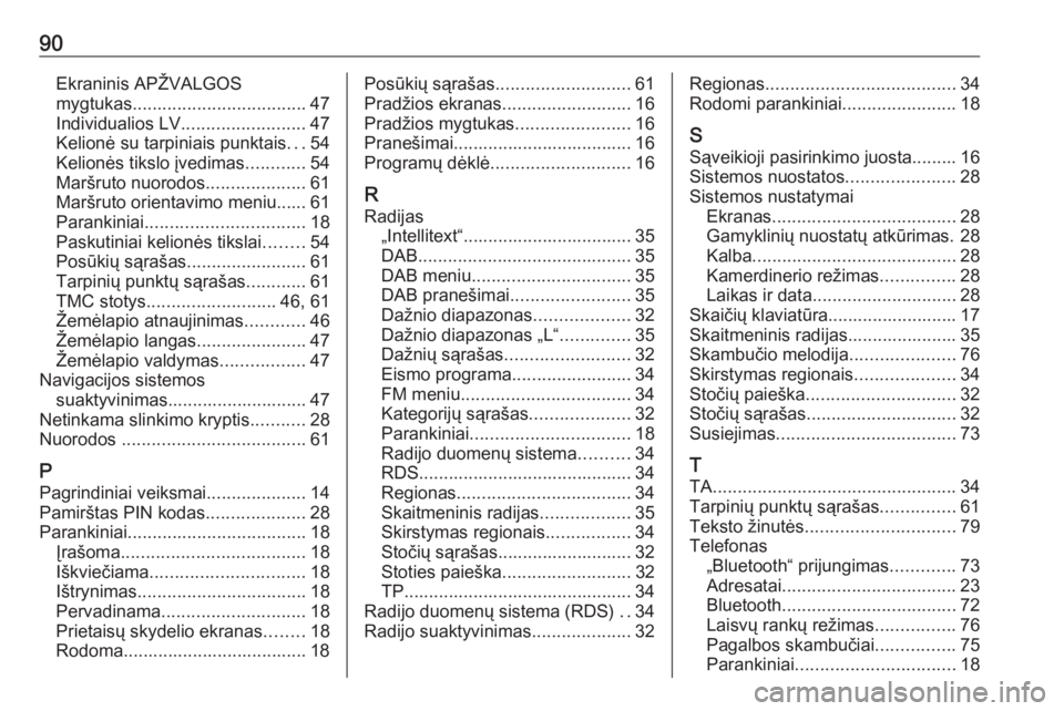 OPEL INSIGNIA 2016.5  Informacijos ir pramogų sistemos vadovas (in Lithuanian) 90Ekraninis APŽVALGOS
mygtukas ................................... 47
Individualios LV ......................... 47
Kelionė su tarpiniais punktais ...54
Kelionės tikslo įvedimas ............54
Mar