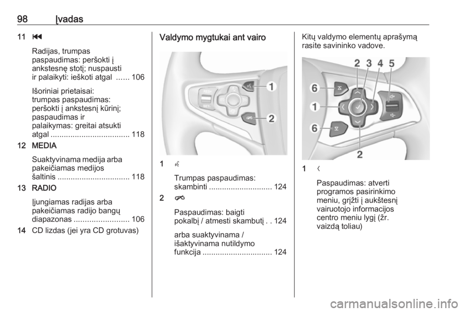 OPEL INSIGNIA 2016.5  Informacijos ir pramogų sistemos vadovas (in Lithuanian) 98Įvadas11t
Radijas, trumpas
paspaudimas: peršokti į
ankstesnę stotį; nuspausti
ir palaikyti: ieškoti atgal  ......106
Išoriniai prietaisai:
trumpas paspaudimas:
peršokti į ankstesnį kūrin�