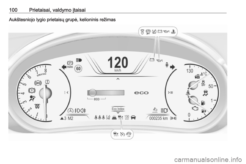 OPEL INSIGNIA 2016.5  Savininko vadovas (in Lithuanian) 100Prietaisai, valdymo įtaisaiAukštesniojo lygio prietaisų grupė, kelioninis režimas 