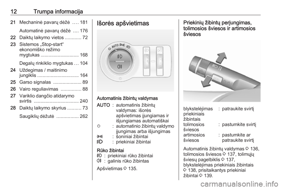 OPEL INSIGNIA 2016.5  Savininko vadovas (in Lithuanian) 12Trumpa informacija21Mechaninė pavarų dėžė  ....181
Automatinė pavarų dėžė  ....176
22 Daiktų laikymo vietos ............72
23 Sistemos „Stop-start“
ekonomiško režimo
mygtukas ......