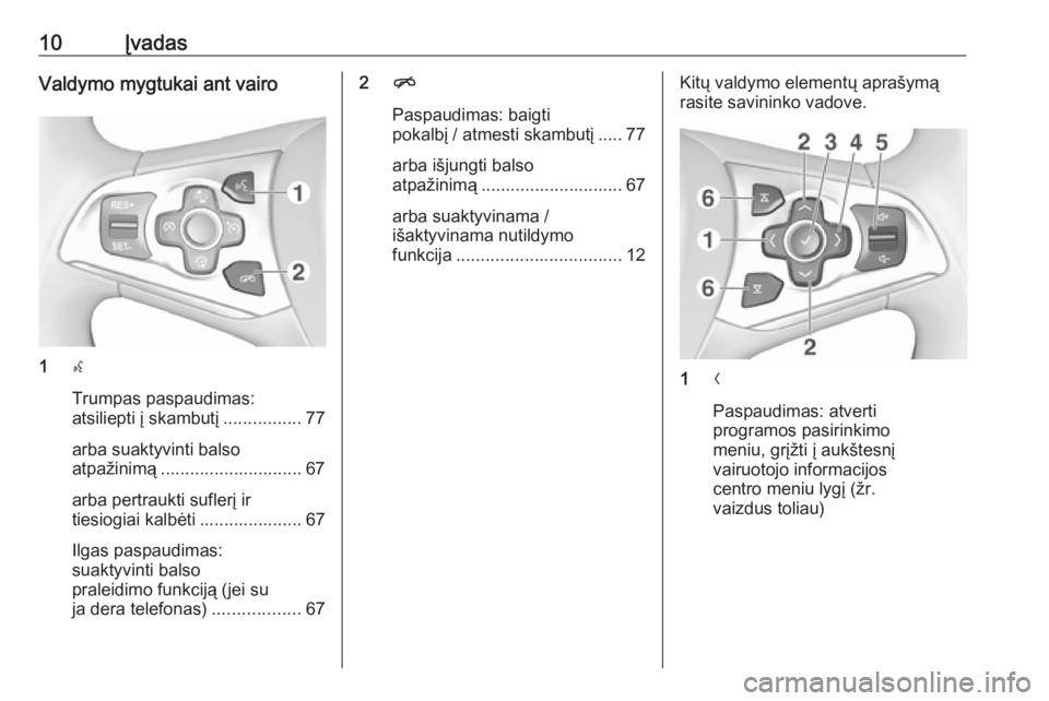 OPEL INSIGNIA 2017  Informacijos ir pramogų sistemos vadovas (in Lithuanian) 10ĮvadasValdymo mygtukai ant vairo
1s
Trumpas paspaudimas:
atsiliepti į skambutį ................77
arba suaktyvinti balso
atpažinimą ............................. 67
arba pertraukti suflerį ir
