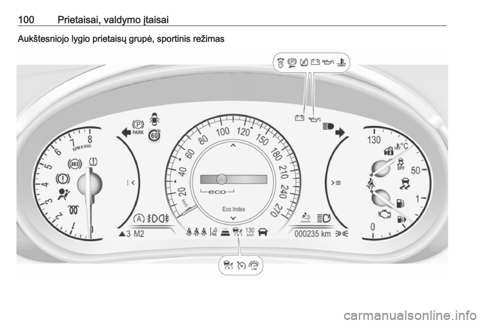 OPEL INSIGNIA 2017 Savininko vadovas (in Lithuanian) 100Prietaisai, valdymo įtaisaiAukštesniojo lygio prietaisų grupė, sportinis režimas OPEL INSIGNIA 2017 Savininko vadovas (in Lithuanian) 100Prietaisai, valdymo įtaisaiAukštesniojo lygio prietaisų grupė, sportinis režimas