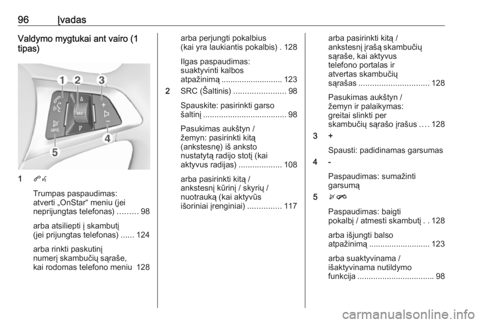 OPEL INSIGNIA BREAK 2017.75 Informacijos ir pramogų sistemos vadovas (in Lithuanian) 96ĮvadasValdymo mygtukai ant vairo (1
tipas)
1 qw
Trumpas paspaudimas:
atverti „OnStar“ meniu (jei
neprijungtas telefonas) .........98
arba atsiliepti į skambutį
(jei prijungtas telefonas) .... OPEL INSIGNIA BREAK 2017.75 Informacijos ir pramogų sistemos vadovas (in Lithuanian) 96ĮvadasValdymo mygtukai ant vairo (1
tipas)
1 qw
Trumpas paspaudimas:
atverti „OnStar“ meniu (jei
neprijungtas telefonas) .........98
arba atsiliepti į skambutį
(jei prijungtas telefonas) ....