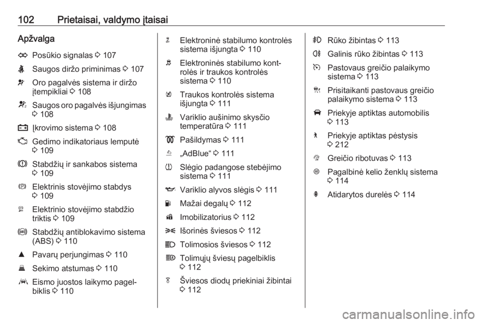 OPEL INSIGNIA BREAK 2017.75  Savininko vadovas (in Lithuanian) 102Prietaisai, valdymo įtaisaiApžvalgaOPosūkio signalas 3 107XSaugos diržo priminimas  3 107vOro pagalvės sistema ir diržo
įtempikliai  3 108VSaugos oro pagalvės išjungimas
3  108pĮkrovimo s