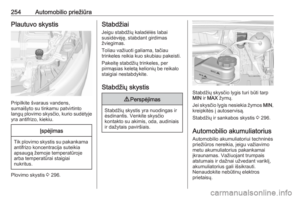 OPEL INSIGNIA BREAK 2017.75  Savininko vadovas (in Lithuanian) 254Automobilio priežiūraPlautuvo skystis
Pripilkite švaraus vandens,
sumaišyto su tinkamu patvirtinto
langų plovimo skysčio, kurio sudėtyje
yra antifrizo, kiekiu.
Įspėjimas
Tik plovimo skysti