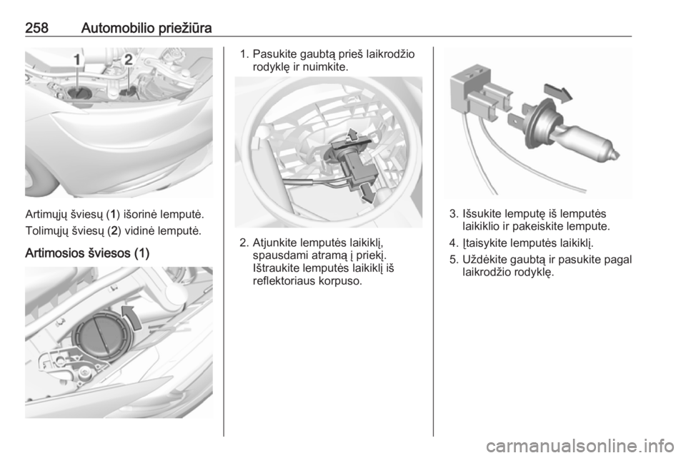 OPEL INSIGNIA BREAK 2017.75  Savininko vadovas (in Lithuanian) 258Automobilio priežiūra
Artimųjų šviesų (1) išorinė lemputė.
Tolimųjų šviesų ( 2) vidinė lemputė.
Artimosios šviesos (1)
1. Pasukite gaubtą prieš laikrodžio rodyklę ir nuimkite.
2