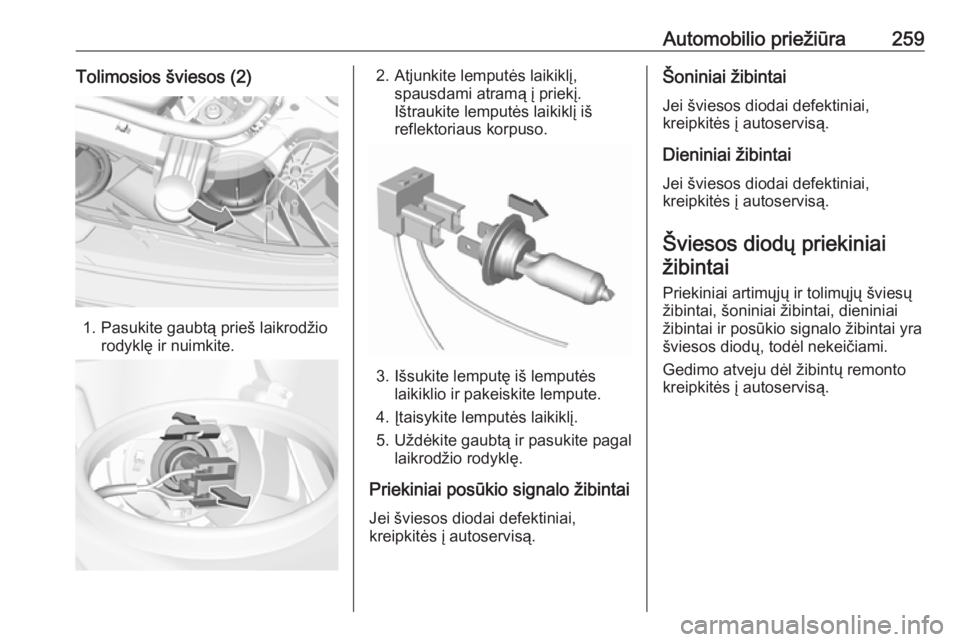 OPEL INSIGNIA BREAK 2017.75  Savininko vadovas (in Lithuanian) Automobilio priežiūra259Tolimosios šviesos (2)
1. Pasukite gaubtą prieš laikrodžiorodyklę ir nuimkite.
2. Atjunkite lemputės laikiklį, spausdami atramą į priekį.
Ištraukite lemputės laik