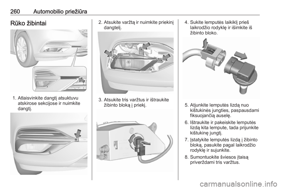 OPEL INSIGNIA BREAK 2017.75  Savininko vadovas (in Lithuanian) 260Automobilio priežiūraRūko žibintai
1. Atlaisvinkite dangtį atsuktuvuatskirose sekcijose ir nuimkite
dangtį.
2. Atsukite varžtą ir nuimkite priekinį
dangtelį.
3. Atsukite tris varžtus ir 