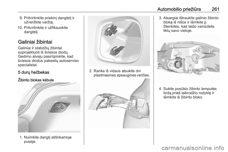 OPEL INSIGNIA BREAK 2017.75  Savininko vadovas (in Lithuanian) Automobilio priežiūra2619. Pritvirtinkite priekinį dangtelį iružveržkite varžtą.
10. Pritvirtinkite ir užfiksuokite dangtelį.
Galiniai žibintai Galiniai ir stabdžių žibintai
suprojektuot
