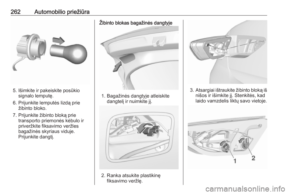 OPEL INSIGNIA BREAK 2017.75  Savininko vadovas (in Lithuanian) 262Automobilio priežiūra
5. Išimkite ir pakeiskite posūkiosignalo lemputę.
6. Prijunkite lemputės lizdą prie žibinto bloko.
7. Prijunkite žibinto bloką prie transporto priemonės kėbulo ir
