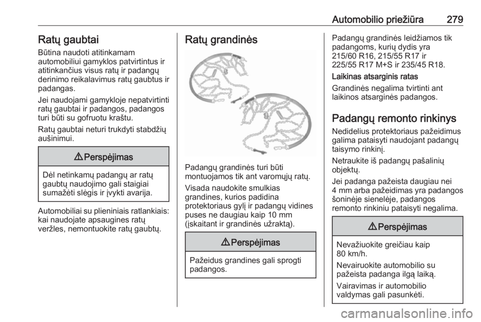 OPEL INSIGNIA BREAK 2017.75  Savininko vadovas (in Lithuanian) Automobilio priežiūra279Ratų gaubtai
Būtina naudoti atitinkamam
automobiliui gamyklos patvirtintus ir
atitinkančius visus ratų ir padangų
derinimo reikalavimus ratų gaubtus ir
padangas.
Jei na