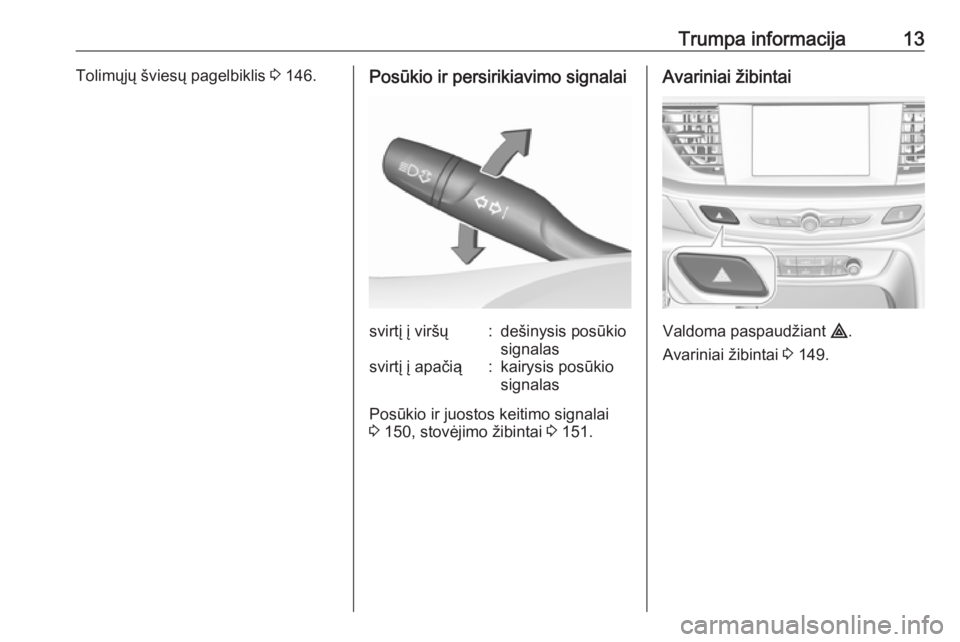 OPEL INSIGNIA BREAK 2018  Savininko vadovas (in Lithuanian) Trumpa informacija13Tolimųjų šviesų pagelbiklis 3 146.Posūkio ir persirikiavimo signalaisvirtį į viršų:dešinysis posūkio
signalassvirtį į apačią:kairysis posūkio
signalas
Posūkio ir j