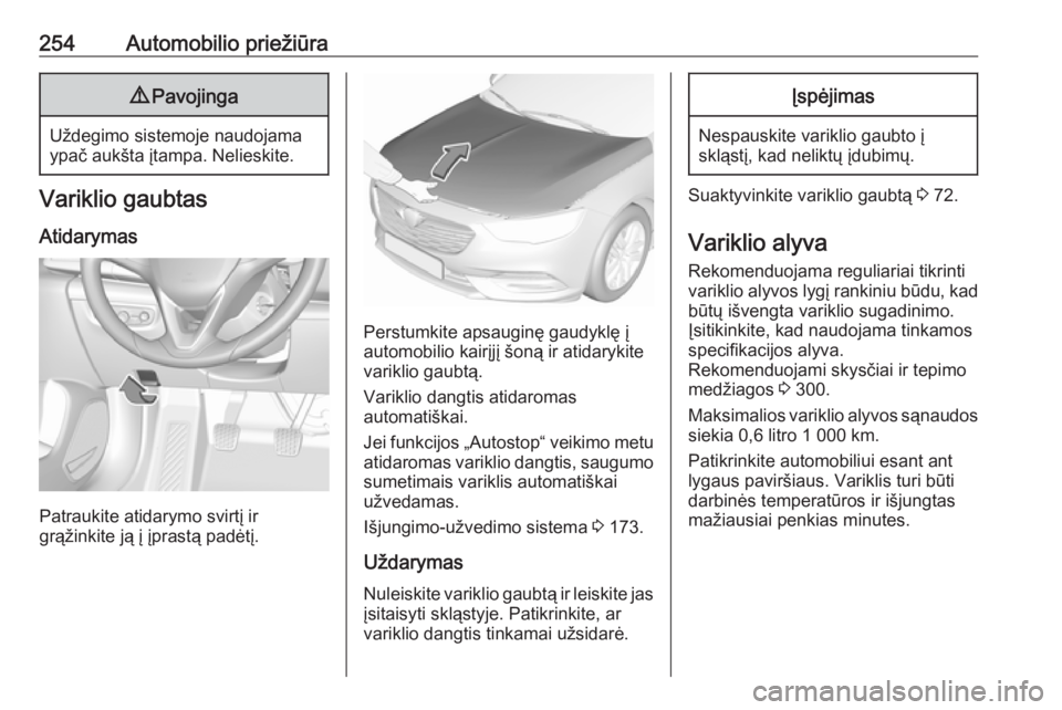 OPEL INSIGNIA BREAK 2018  Savininko vadovas (in Lithuanian) 254Automobilio priežiūra9Pavojinga
Uždegimo sistemoje naudojama
ypač aukšta įtampa. Nelieskite.
Variklio gaubtas
Atidarymas
Patraukite atidarymo svirtį ir
grąžinkite ją į įprastą padėtį