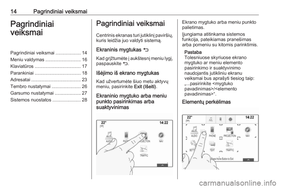 OPEL INSIGNIA BREAK 2018.5  Informacijos ir pramogų sistemos vadovas (in Lithuanian) 14Pagrindiniai veiksmaiPagrindiniai
veiksmaiPagrindiniai veiksmai ...................14
Meniu valdymas ........................... 16
Klaviatūros ................................... 17
Parankiniai ..