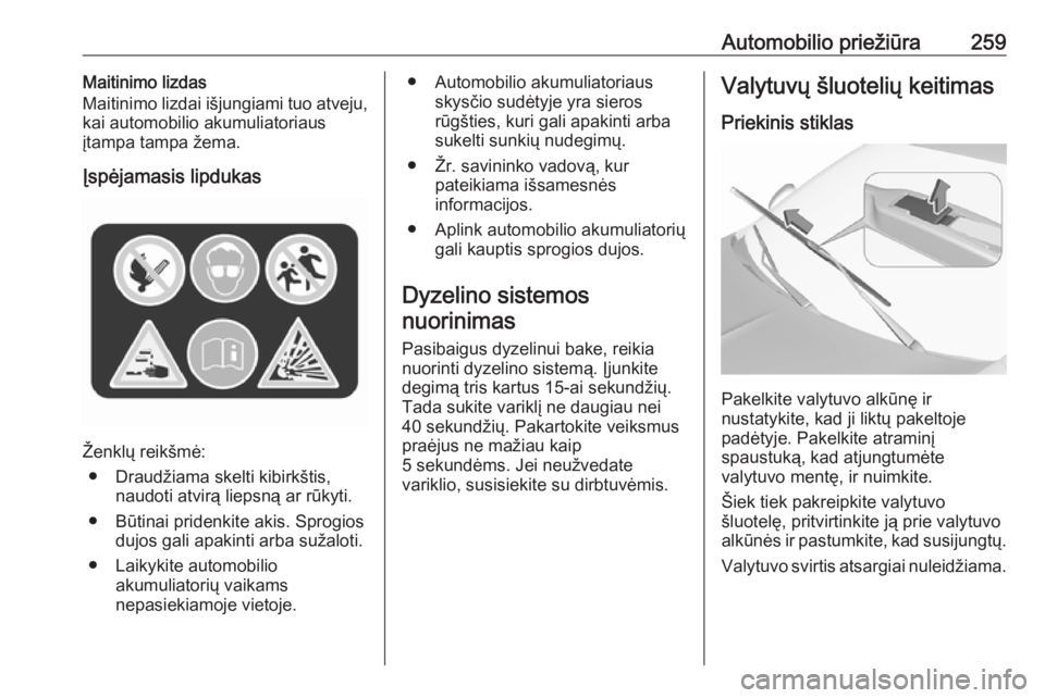 OPEL INSIGNIA BREAK 2019.5  Savininko vadovas (in Lithuanian) Automobilio priežiūra259Maitinimo lizdas
Maitinimo lizdai išjungiami tuo atveju,
kai automobilio akumuliatoriaus
įtampa tampa žema.
Įspėjamasis lipdukas
Ženklų reikšmė: ● Draudžiama skel