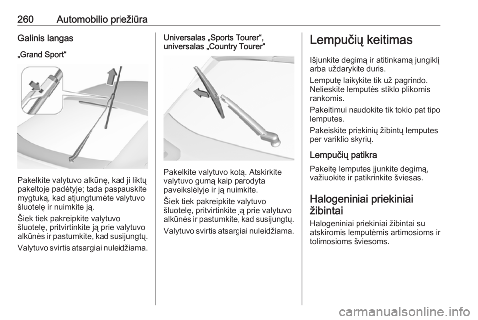 OPEL INSIGNIA BREAK 2019.5  Savininko vadovas (in Lithuanian) 260Automobilio priežiūraGalinis langas„Grand Sport“
Pakelkite valytuvo alkūnę, kad ji liktų
pakeltoje padėtyje; tada paspauskite
mygtuką, kad atjungtumėte valytuvo
šluotelę ir nuimkite j