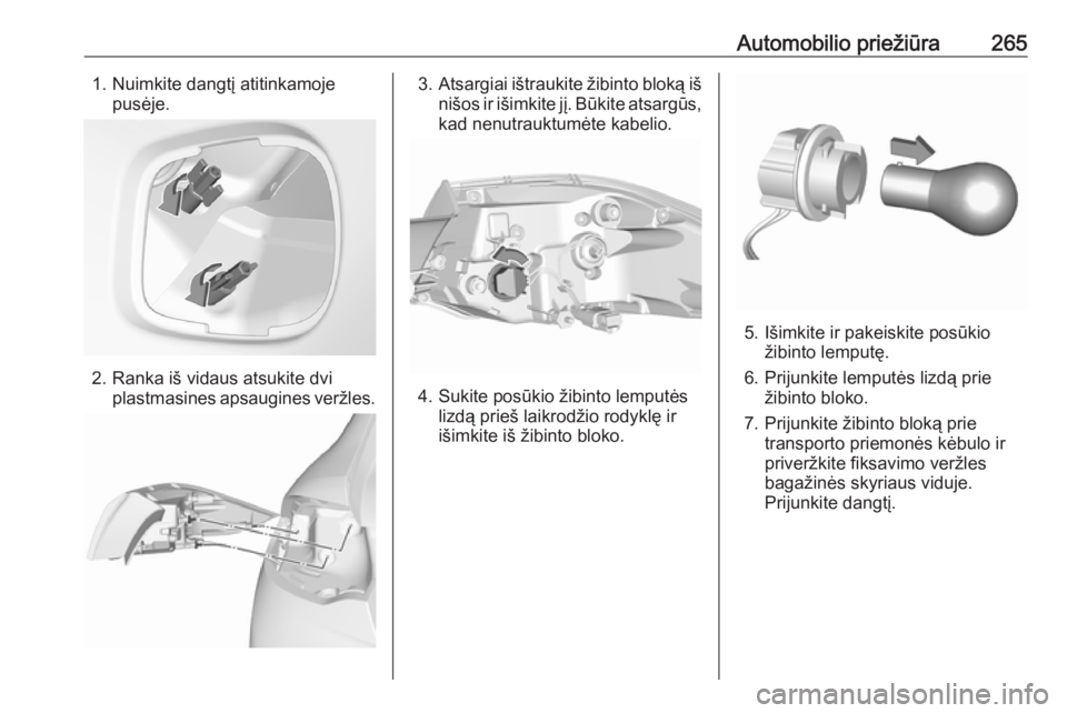 OPEL INSIGNIA BREAK 2019.5  Savininko vadovas (in Lithuanian) Automobilio priežiūra2651. Nuimkite dangtį atitinkamojepusėje.
2. Ranka iš vidaus atsukite dviplastmasines apsaugines veržles.
3.Atsargiai ištraukite žibinto bloką iš
nišos ir išimkite jį