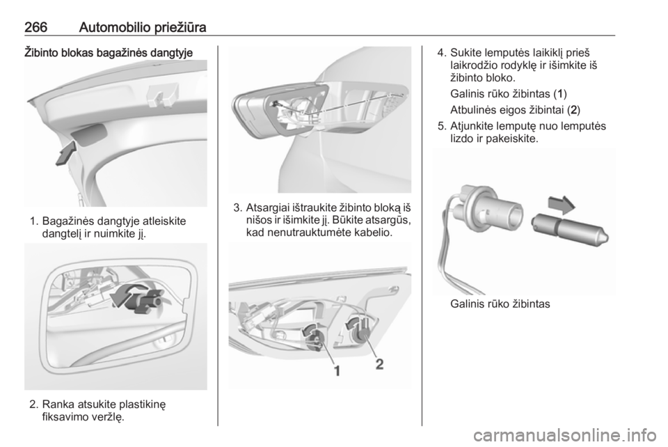 OPEL INSIGNIA BREAK 2019.5  Savininko vadovas (in Lithuanian) 266Automobilio priežiūraŽibinto blokas bagažinės dangtyje
1. Bagažinės dangtyje atleiskitedangtelį ir nuimkite jį.
2. Ranka atsukite plastikinęfiksavimo veržlę.
3.Atsargiai ištraukite ži