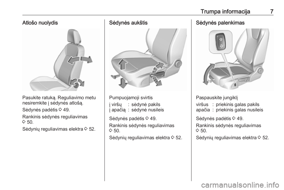 OPEL INSIGNIA BREAK 2019.5  Savininko vadovas (in Lithuanian) Trumpa informacija7Atlošo nuolydis
Pasukite ratuką. Reguliavimo metu
nesiremkite į sėdynės atlošą.
Sėdynės padėtis  3 49.
Rankinis sėdynės reguliavimas
3  50.
Sėdynių reguliavimas elektr