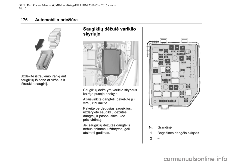 OPEL KARL 2015.75  Savininko vadovas (in Lithuanian) OPEL Karl Owner Manual (GMK-Localizing-EU LHD-9231167) - 2016 - crc -
5/8/15
176 Automobilio priežiūra
Uždėkite ištraukimoįrankįant
saugiklių iš šono ar viršaus ir
ištraukite saugiklį.
Sa