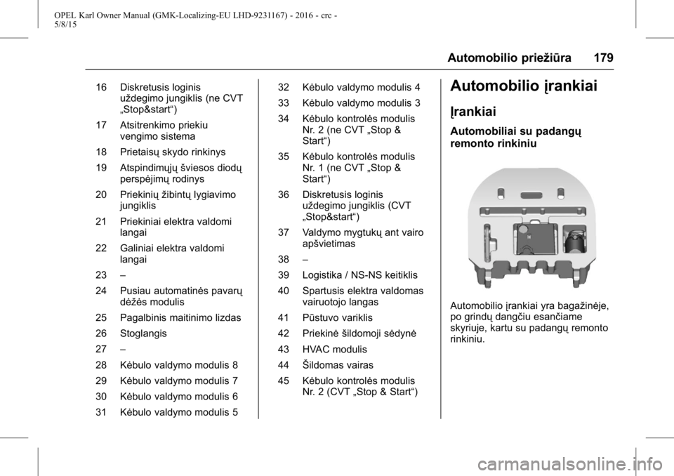 OPEL KARL 2015.75  Savininko vadovas (in Lithuanian) OPEL Karl Owner Manual (GMK-Localizing-EU LHD-9231167) - 2016 - crc -
5/8/15
Automobilio priežiūra 179
16 Diskretusis loginisuždegimo jungiklis (ne CVT
„Stop&start“)
17 Atsitrenkimo priekiu ven