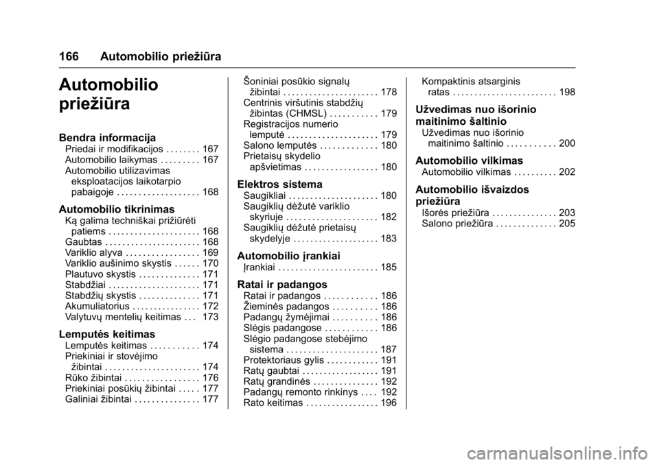 OPEL KARL 2016 Savininko vadovas (in Lithuanian) OPEL Karl Owner Manual (GMK-Localizing-EU LHD-9231167) - 2016 - crc -
9/10/15
166 Automobilio priežiūra
Automobilio
priežiūra
Bendra informacija
Priedai ir modifikacijos . . . . . . . . 167
Automo OPEL KARL 2016 Savininko vadovas (in Lithuanian) OPEL Karl Owner Manual (GMK-Localizing-EU LHD-9231167) - 2016 - crc -
9/10/15
166 Automobilio priežiūra
Automobilio
priežiūra
Bendra informacija
Priedai ir modifikacijos . . . . . . . . 167
Automo