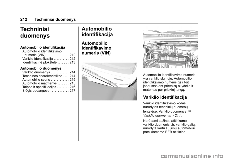 OPEL KARL 2016 Savininko vadovas (in Lithuanian) OPEL Karl Owner Manual (GMK-Localizing-EU LHD-9231167) - 2016 - crc -
9/10/15
212 Techniniai duomenys
Techniniai
duomenys
Automobilio identifikacija
Automobilio identifikavimonumeris (VIN) . . . . . . OPEL KARL 2016 Savininko vadovas (in Lithuanian) OPEL Karl Owner Manual (GMK-Localizing-EU LHD-9231167) - 2016 - crc -
9/10/15
212 Techniniai duomenys
Techniniai
duomenys
Automobilio identifikacija
Automobilio identifikavimonumeris (VIN) . . . . . .