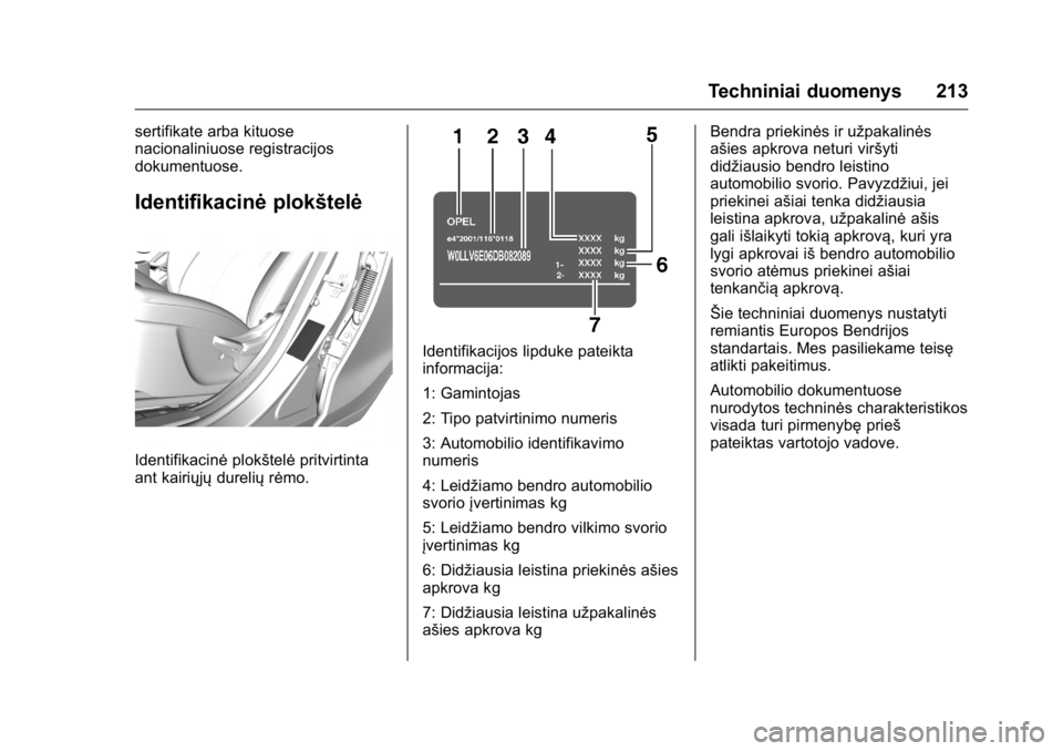 OPEL KARL 2016 Savininko vadovas (in Lithuanian) OPEL Karl Owner Manual (GMK-Localizing-EU LHD-9231167) - 2016 - crc -
9/10/15
Techniniai duomenys 213
sertifikate arba kituose
nacionaliniuose registracijos
dokumentuose.
Identifikacinėplokštelė
Id OPEL KARL 2016 Savininko vadovas (in Lithuanian) OPEL Karl Owner Manual (GMK-Localizing-EU LHD-9231167) - 2016 - crc -
9/10/15
Techniniai duomenys 213
sertifikate arba kituose
nacionaliniuose registracijos
dokumentuose.
Identifikacinėplokštelė
Id