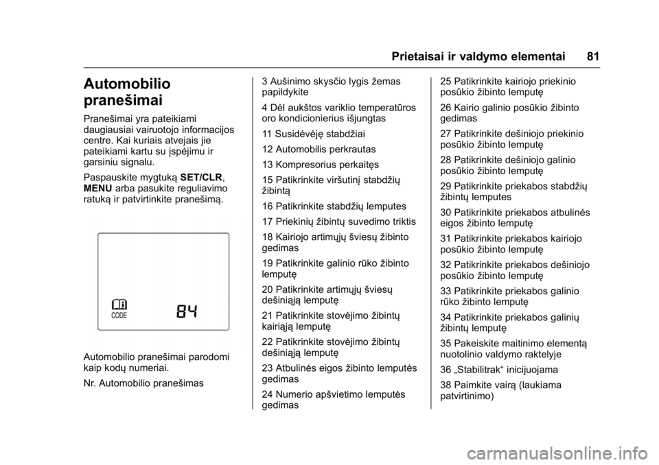 OPEL KARL 2016 Savininko vadovas (in Lithuanian) OPEL Karl Owner Manual (GMK-Localizing-EU LHD-9231167) - 2016 - crc -
9/10/15
Prietaisai ir valdymo elementai 81
Automobilio
pranešimai
Pranešimai yra pateikiami
daugiausiai vairuotojo informacijos
OPEL KARL 2016 Savininko vadovas (in Lithuanian) OPEL Karl Owner Manual (GMK-Localizing-EU LHD-9231167) - 2016 - crc -
9/10/15
Prietaisai ir valdymo elementai 81
Automobilio
pranešimai
Pranešimai yra pateikiami
daugiausiai vairuotojo informacijos