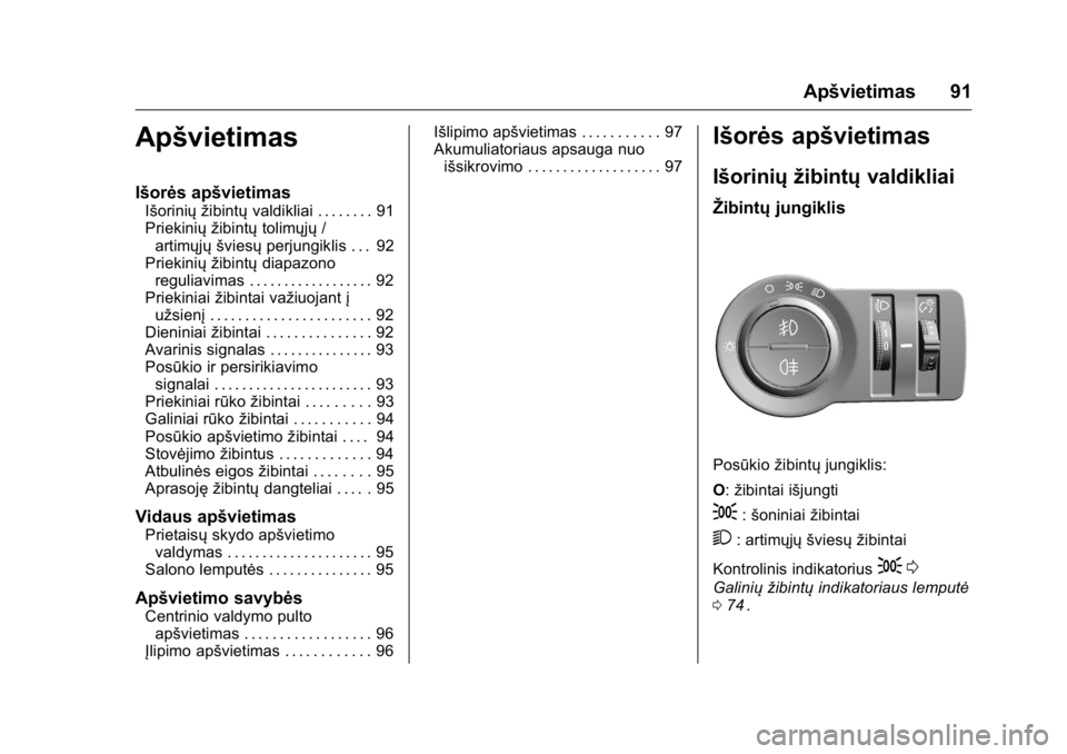 OPEL KARL 2016 Savininko vadovas (in Lithuanian) OPEL Karl Owner Manual (GMK-Localizing-EU LHD-9231167) - 2016 - crc -
9/10/15
Apšvietimas 91
Apšvietimas
Išorės apšvietimas
Išorinių žibintųvaldikliai . . . . . . . . 91
Priekinių žibintų OPEL KARL 2016 Savininko vadovas (in Lithuanian) OPEL Karl Owner Manual (GMK-Localizing-EU LHD-9231167) - 2016 - crc -
9/10/15
Apšvietimas 91
Apšvietimas
Išorės apšvietimas
Išorinių žibintųvaldikliai . . . . . . . . 91
Priekinių žibintų