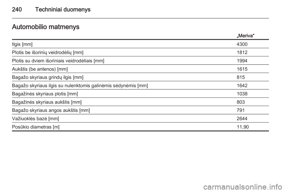 OPEL MERIVA 2015.5  Savininko vadovas (in Lithuanian) 240Techniniai duomenysAutomobilio matmenys„Meriva“Ilgis [mm]4300Plotis be išorinių veidrodėlių [mm]1812Plotis su dviem išoriniais veidrodėliais [mm]1994Aukštis (be antenos) [mm]1615Bagažo 