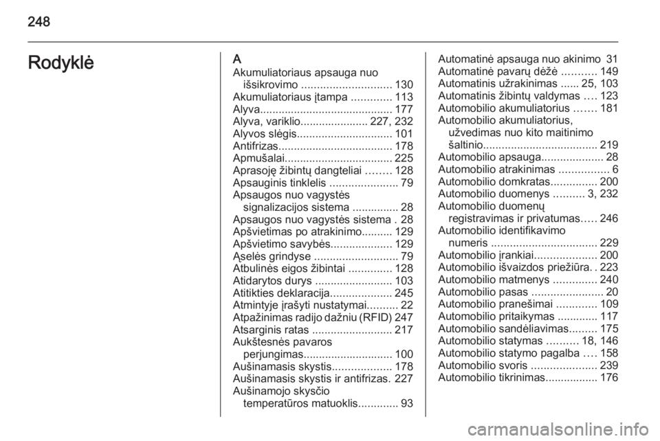 OPEL MERIVA 2015.5  Savininko vadovas (in Lithuanian) 248RodyklėAAkumuliatoriaus apsauga nuo išsikrovimo  ............................. 130
Akumuliatoriaus įtampa  .............113
Alyva ........................................... 177
Alyva, variklio.
