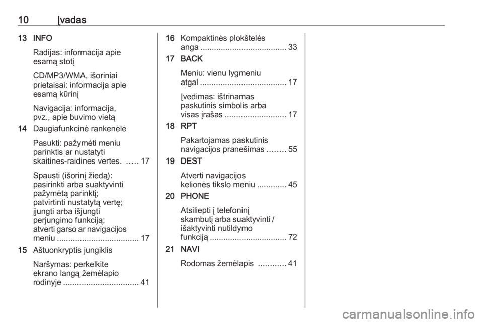 OPEL MERIVA 2016  Informacijos ir pramogų sistemos vadovas (in Lithuanian) 10Įvadas13 INFORadijas: informacija apie
esamą stotį
CD/MP3/WMA, išoriniai
prietaisai: informacija apie
esamą kūrinį
Navigacija: informacija,
pvz., apie buvimo vietą
14 Daugiafunkcinė ranken�