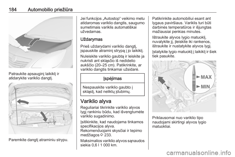 OPEL MERIVA 2016  Savininko vadovas (in Lithuanian) 184Automobilio priežiūra
Patraukite apsauginį laikiklį ir
atidarykite variklio dangtį.
Paremkite dangtį atraminiu strypu.
Jei funkcijos „Autostop“ veikimo metu
atidaromas variklio dangtis, s