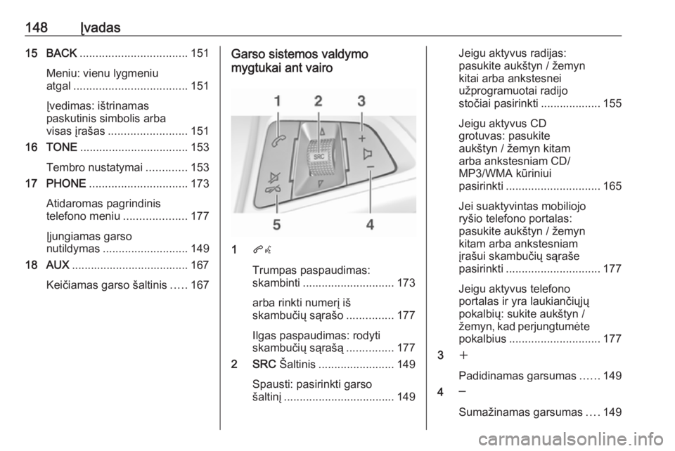 OPEL MERIVA 2016.5  Informacijos ir pramogų sistemos vadovas (in Lithuanian) 148Įvadas15 BACK.................................. 151
Meniu: vienu lygmeniu
atgal .................................... 151
Įvedimas: ištrinamas
paskutinis simbolis arba
visas įrašas ............