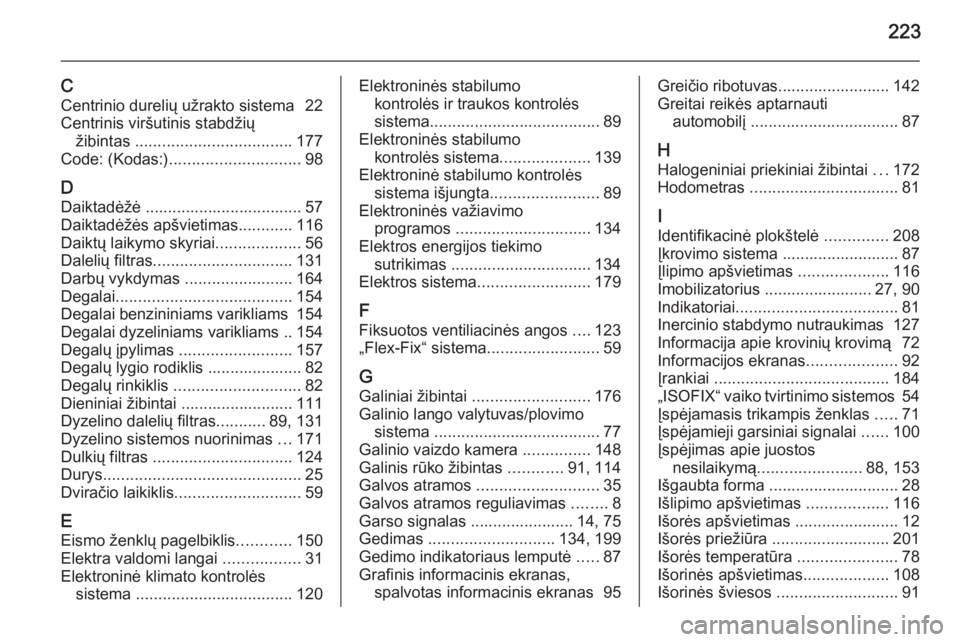 OPEL MOKKA 2014.5 Savininko vadovas (in Lithuanian) 223
CCentrinio durelių užrakto sistema 22
Centrinis viršutinis stabdžių žibintas ................................... 177
Code: (Kodas:) ............................. 98
D Daiktadėžė ....... OPEL MOKKA 2014.5 Savininko vadovas (in Lithuanian) 223
CCentrinio durelių užrakto sistema 22
Centrinis viršutinis stabdžių žibintas ................................... 177
Code: (Kodas:) ............................. 98
D Daiktadėžė .......
