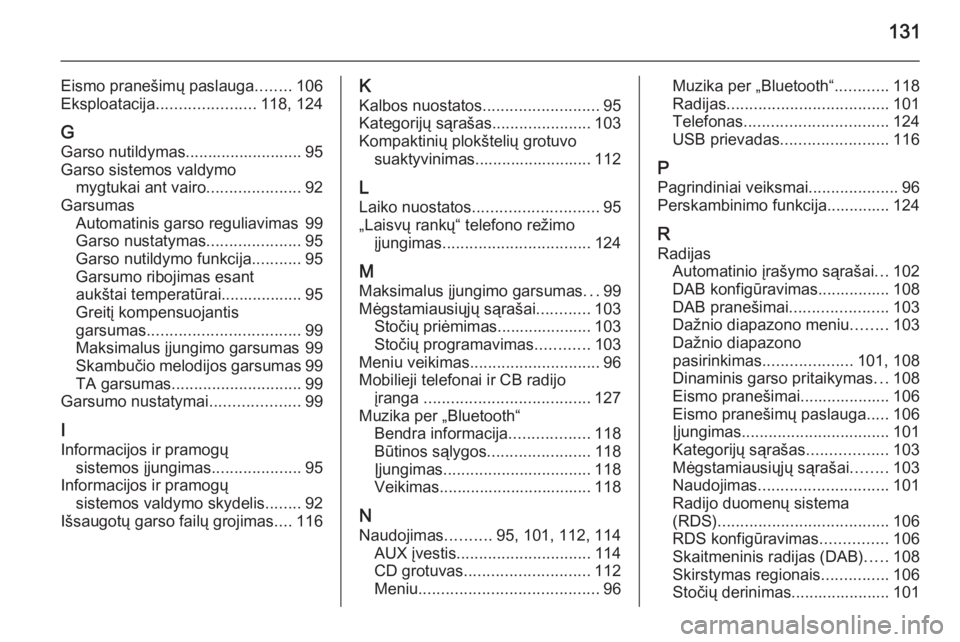 OPEL MOKKA 2015.5  Informacijos ir pramogų sistemos vadovas (in Lithuanian) 131
Eismo pranešimų paslauga........106
Eksploatacija ...................... 118, 124
G
Garso nutildymas.......................... 95
Garso sistemos valdymo mygtukai ant vairo .....................9