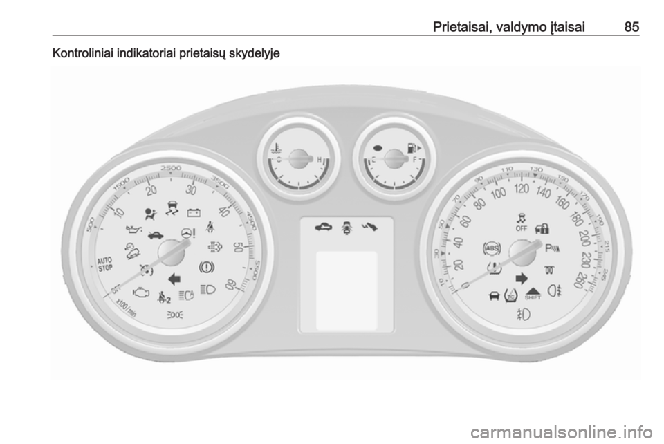 OPEL MOKKA 2016 Savininko vadovas (in Lithuanian) Prietaisai, valdymo įtaisai85Kontroliniai indikatoriai prietaisų skydelyje OPEL MOKKA 2016 Savininko vadovas (in Lithuanian) Prietaisai, valdymo įtaisai85Kontroliniai indikatoriai prietaisų skydelyje