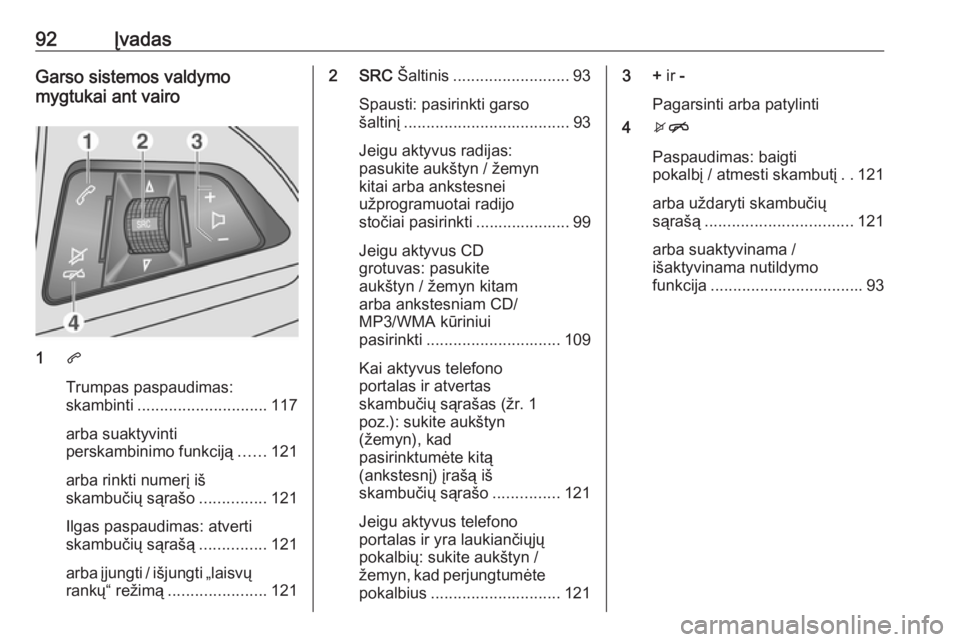 OPEL MOKKA 2016.5 Informacijos ir pramogų sistemos vadovas (in Lithuanian) 92ĮvadasGarso sistemos valdymo
mygtukai ant vairo
1 q
Trumpas paspaudimas:
skambinti ............................. 117
arba suaktyvinti
perskambinimo funkciją ......121
arba rinkti numerį iš
skamb OPEL MOKKA 2016.5 Informacijos ir pramogų sistemos vadovas (in Lithuanian) 92ĮvadasGarso sistemos valdymo
mygtukai ant vairo
1 q
Trumpas paspaudimas:
skambinti ............................. 117
arba suaktyvinti
perskambinimo funkciją ......121
arba rinkti numerį iš
skamb