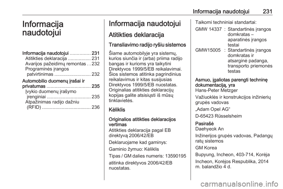 OPEL MOKKA 2016.5 Savininko vadovas (in Lithuanian) Informacija naudotojui231Informacija
naudotojuiInformacija naudotojui ...............231
Atitikties deklaracija .................231
Avarijos pažeidimų remontas ..232
Programinės įrangos patvirtin OPEL MOKKA 2016.5 Savininko vadovas (in Lithuanian) Informacija naudotojui231Informacija
naudotojuiInformacija naudotojui ...............231
Atitikties deklaracija .................231
Avarijos pažeidimų remontas ..232
Programinės įrangos patvirtin