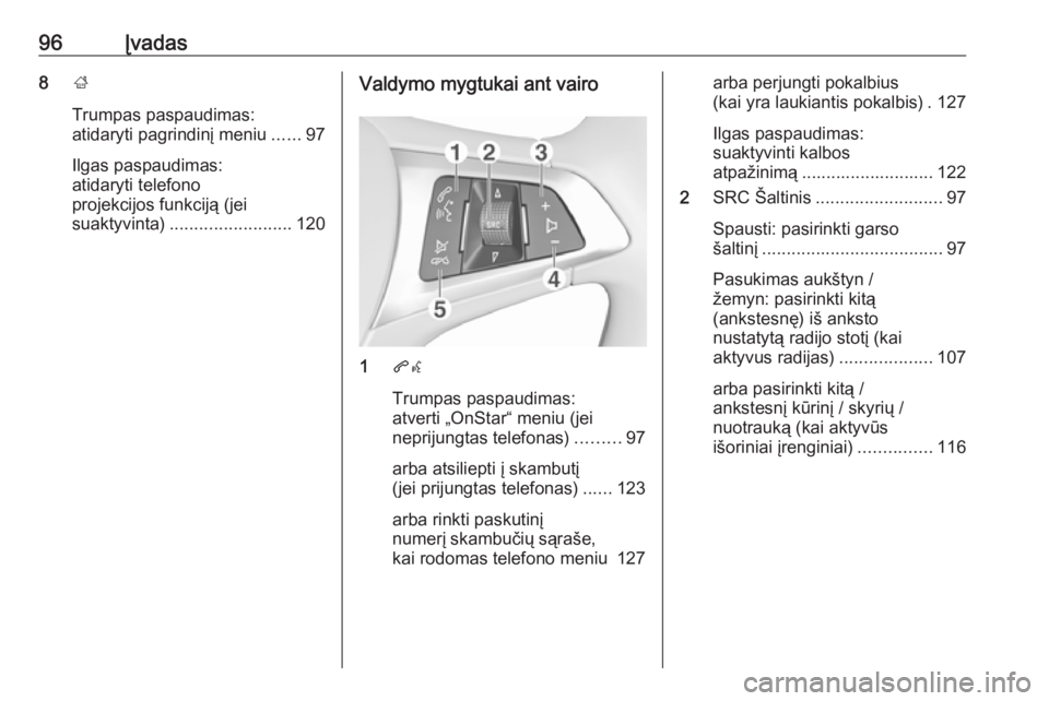 OPEL MOKKA X 2017 Informacijos ir pramogų sistemos vadovas (in Lithuanian) 96Įvadas8;
Trumpas paspaudimas:
atidaryti pagrindinį meniu ......97
Ilgas paspaudimas:
atidaryti telefono
projekcijos funkciją (jei
suaktyvinta) ......................... 120Valdymo mygtukai ant va OPEL MOKKA X 2017 Informacijos ir pramogų sistemos vadovas (in Lithuanian) 96Įvadas8;
Trumpas paspaudimas:
atidaryti pagrindinį meniu ......97
Ilgas paspaudimas:
atidaryti telefono
projekcijos funkciją (jei
suaktyvinta) ......................... 120Valdymo mygtukai ant va