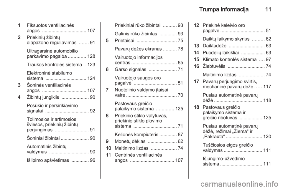 OPEL MOVANO_B 2014  Savininko vadovas (in Lithuanian) Trumpa informacija11
1Fiksuotos ventiliacinės
angos  ................................. 107
2 Priekinių žibintų
diapazono reguliavimas  .......91
Ultragarsinė automobilio
parkavimo pagalba .......