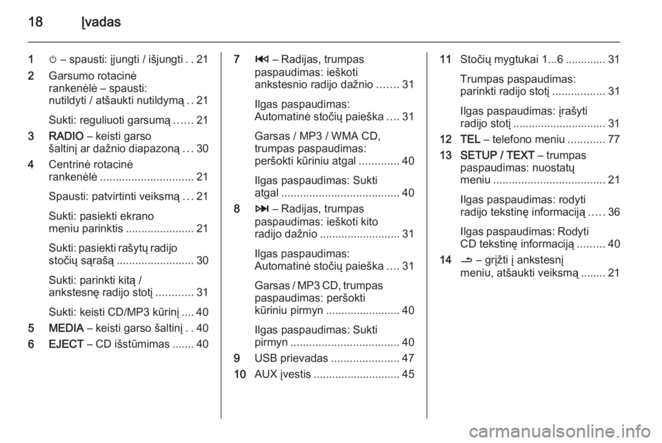 OPEL MOVANO_B 2014.5  Informacijos ir pramogų sistemos vadovas (in Lithuanian) 18Įvadas
1m – spausti: įjungti / išjungti ..21
2 Garsumo rotacinė
rankenėlė – spausti:
nutildyti / atšaukti nutildymą ..21
Sukti: reguliuoti garsumą ......21
3 RADIO  – keisti garso
ša