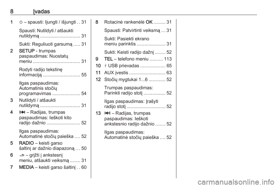 OPEL MOVANO_B 2016.5  Informacijos ir pramogų sistemos vadovas (in Lithuanian) 8Įvadas1m – spausti: Ijungti / išjungti ..31
Spausti: Nutildyti / atšaukti
nutildymą ............................... 31
Sukti: Reguliuoti garsumą .....31
2 SETUP  - trumpas
paspaudimas: Nuostat