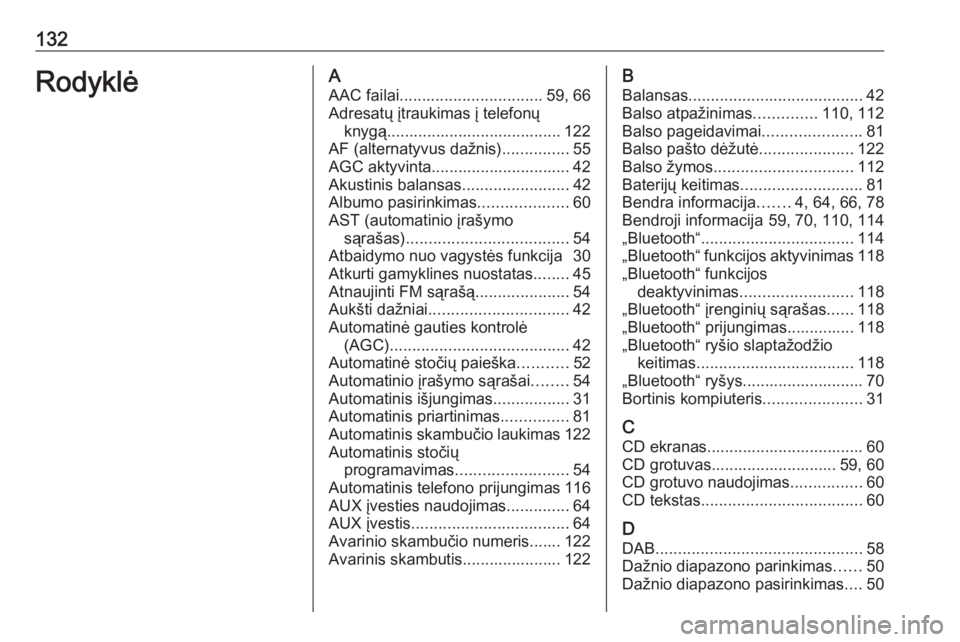 OPEL VIVARO B 2017.5  Informacijos ir pramogų sistemos vadovas (in Lithuanian) 132RodyklėAAAC failai ................................ 59, 66
Adresatų įtraukimas į telefonų knygą....................................... 122
AF (alternatyvus dažnis) ...............55
AGC akty