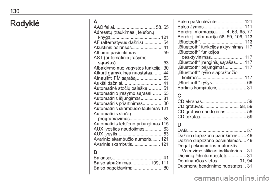 OPEL MOVANO_B 2018.5  Informacijos ir pramogų sistemos vadovas (in Lithuanian) 130RodyklėAAAC failai ................................ 58, 65
Adresatų įtraukimas į telefonų knygą....................................... 121
AF (alternatyvus dažnis) ...............54
Akustini