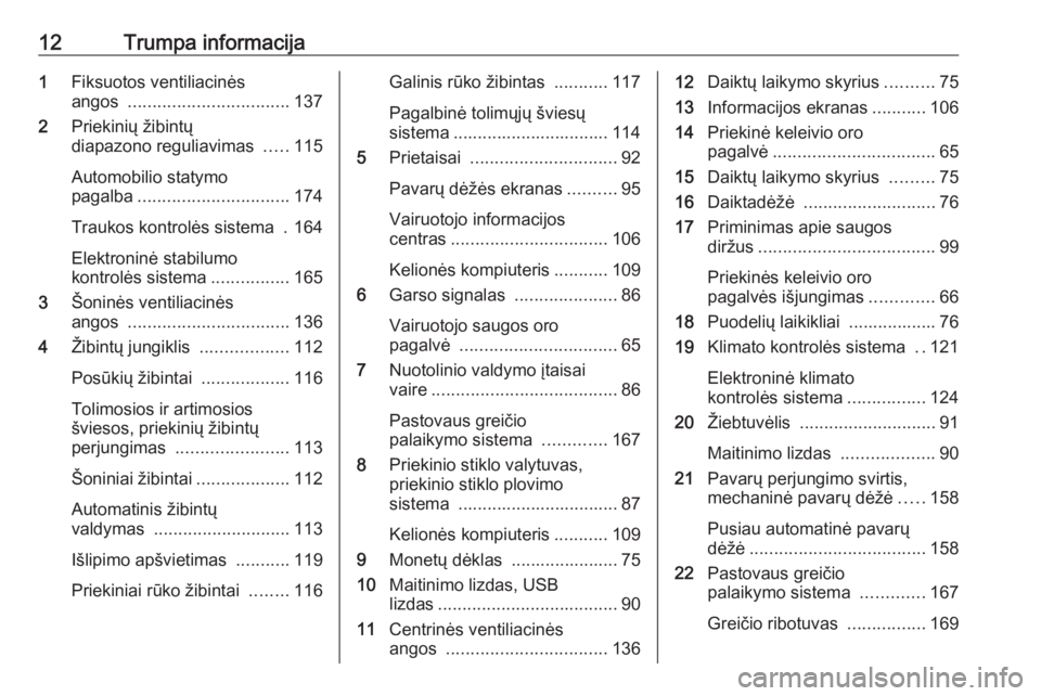 OPEL MOVANO_B 2019 Savininko vadovas (in Lithuanian) 12Trumpa informacija1Fiksuotos ventiliacinės
angos ................................. 137
2 Priekinių žibintų
diapazono reguliavimas .....115
Automobilio statymo
pagalba ......................... OPEL MOVANO_B 2019 Savininko vadovas (in Lithuanian) 12Trumpa informacija1Fiksuotos ventiliacinės
angos ................................. 137
2 Priekinių žibintų
diapazono reguliavimas .....115
Automobilio statymo
pagalba .........................